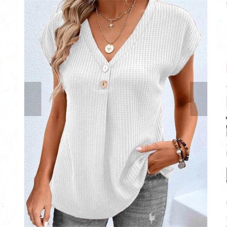 Women's Clothing European And American Top Solid Color Buttons Fashion Short Sleeve - Chic Angle